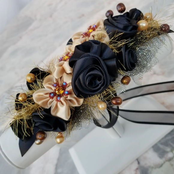 Prom 2024 Hoco, Wedding - Exquisite Wrist Corsage Boutonniere - Champagne Black Gold Topaz Bling and Glam - Event fashion jewelry gift