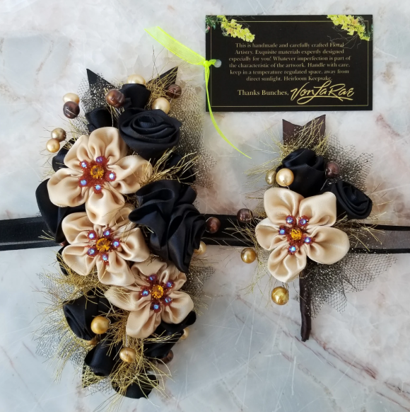 Prom 2024 Hoco, Wedding - Exquisite Wrist Corsage Boutonniere - Champagne Black Gold Topaz Bling and Glam - Event fashion jewelry gift