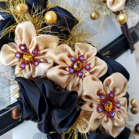 Prom 2024 Hoco, Wedding - Exquisite Wrist Corsage Boutonniere - Champagne Black Gold Topaz Bling and Glam - Event fashion jewelry gift