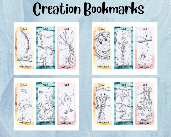 God's Creation Bookmarks (DIGITAL FILES), Creation Coloring Bookmarks, Giraffe Bookmark, Sun and Moon Bookmarks