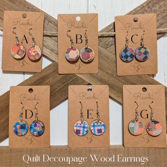 Quilt Decoupage Wood Earrings