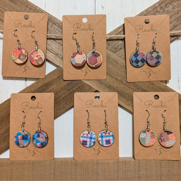 Quilt Decoupage Wooden Circle Earrings