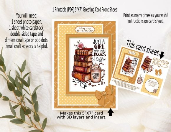 Printable 3D Layered Greeting Card | Book Lover & Coffee Theme| DIY Birthday, Thinking of You Card