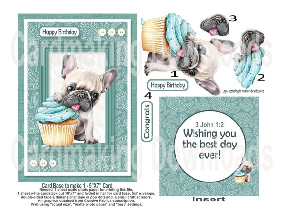 Frenchie Cupcake 3D Layered Printable Greeting Card Kit with Bible Verse - Image 2