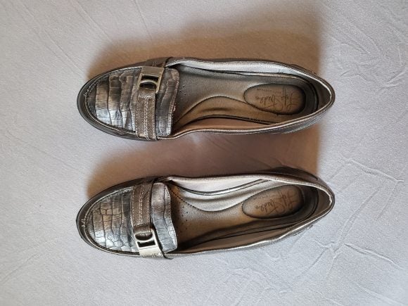 Women's Loafers- Dark Gray Faux Patent Leather