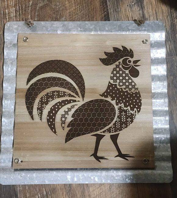 Farmhouse Rooster Sign – Laser Etched – 11"x11" Galvanized Backed Wooden Decor