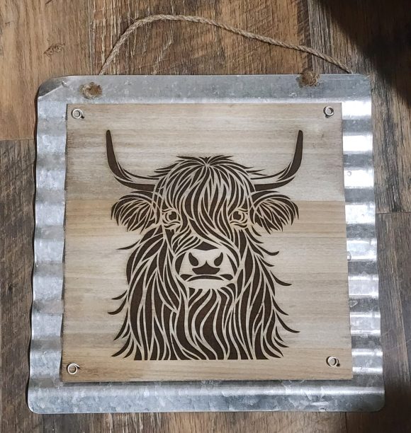 Handmade Highland Coo Wooden Sign | Rustic Farmhouse Decor | Galvanized Back | 11x11 Hanging Gift