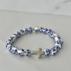 Handmade Christian Bracelet – Blue Floral Ceramic Glass Beads with Cross Charm - Image 3