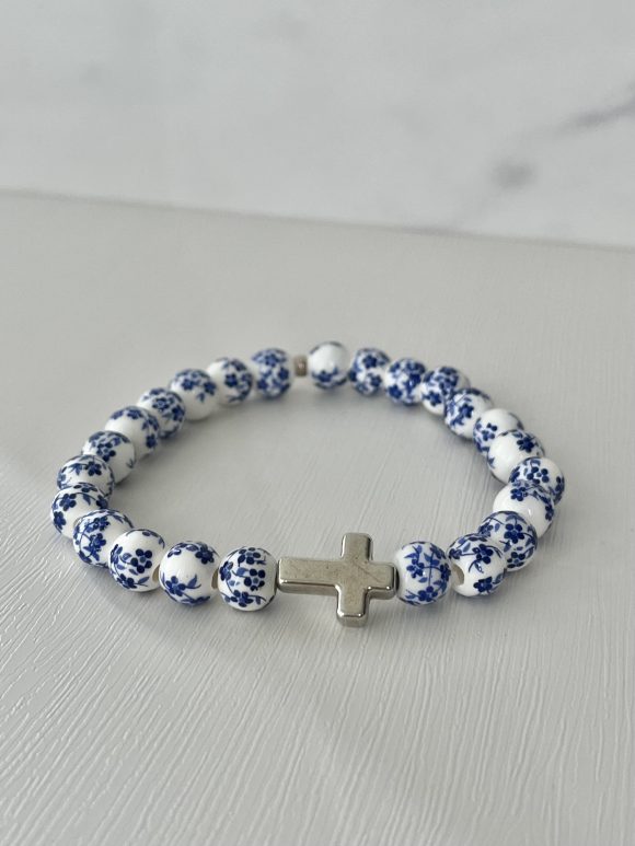 Handmade Christian Bracelet – Blue Floral Ceramic Glass Beads with Cross Charm - Image 3