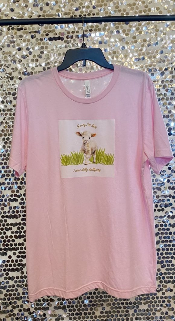 Sorry I’m late…I was dilly dallying t shirt, soft pink