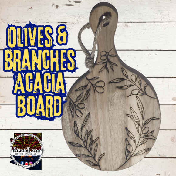 Round Acacia Cutting Board – Olive Leaf Pattern | Mediterranean Rustic Style