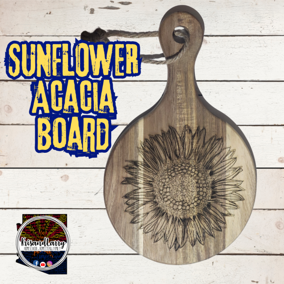 Round Acacia Cutting Board – Hand-Drawn Sunflower | Rustic Floral Serving Board