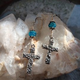 Floral Cross Earrings with Apatite gemstone