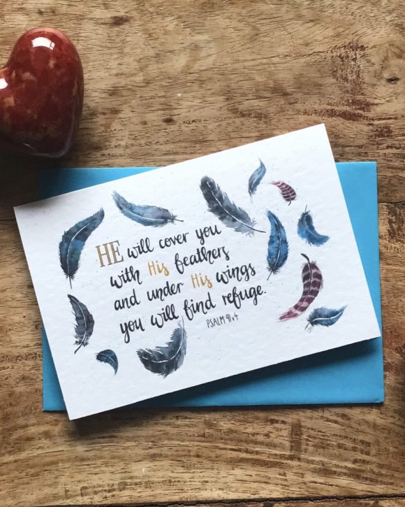 Bible verse card, He will cover you with His wings. Christian sympathy card.