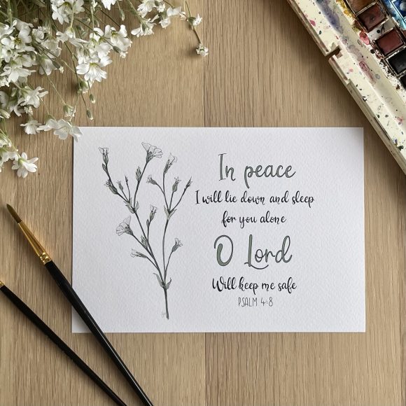 Psalm 4:8. A beautiful hand-lettered print illustrated with delicate watercolour flowers.