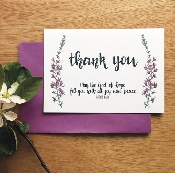 Thank you card with hand-lettered bible verse blessing and delicate floral watercolour illustrations.