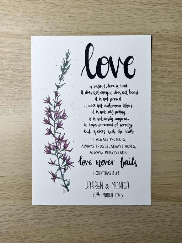Personalised wedding and anniversary print featuring the beautiful words from 1 Corinthians 13:4-8