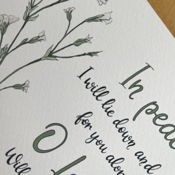 Psalm 4:8. A beautiful hand-lettered print illustrated with delicate watercolour flowers. - Image 2