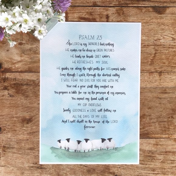Psalm 23. A beautiful hand-lettered print illustrated with watercolour sheep.