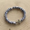 Blue floral cross beaded bracelet with 6mm round beads, handcrafted Christian jewelry for women