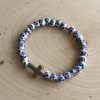 Blue floral cross beaded bracelet with 6mm round beads, handcrafted Christian jewelry for women