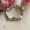 Handmade silver cross bracelet with floral beads and freshwater pearls – Christian jewelry gift for women