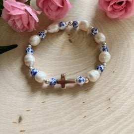 Handmade silver cross bracelet with floral beads and freshwater pearls – Christian jewelry gift for women