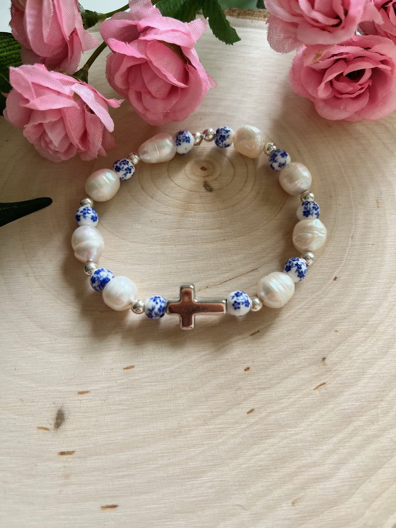 Handmade silver cross bracelet with floral beads and freshwater pearls – Christian jewelry gift for women