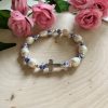 Handmade silver cross bracelet with floral beads and freshwater pearls – Christian jewelry gift for women