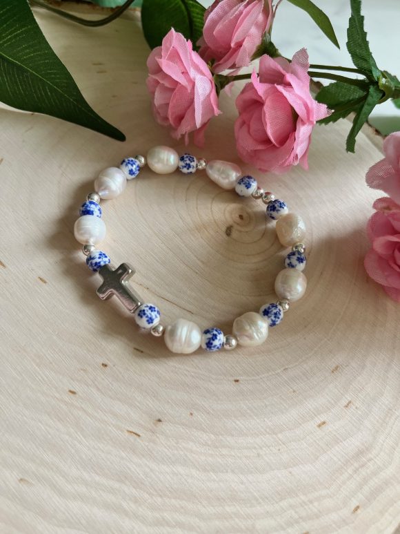 Handmade silver cross bracelet with floral beads and freshwater pearls – Christian jewelry gift for women