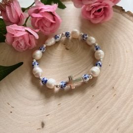 Handmade silver cross bracelet with floral beads and freshwater pearls – Christian jewelry gift for women