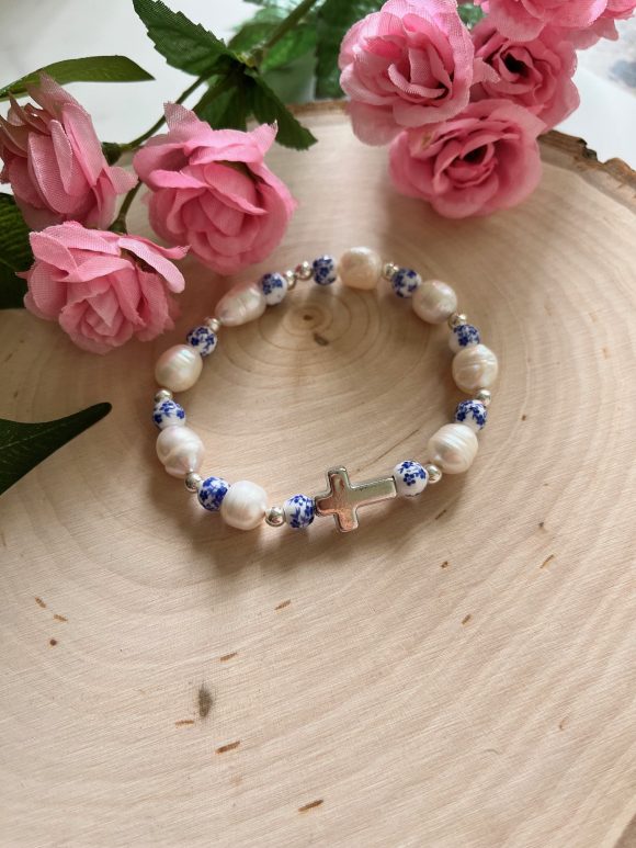 Handmade silver cross bracelet with floral beads and freshwater pearls – Christian jewelry gift for women