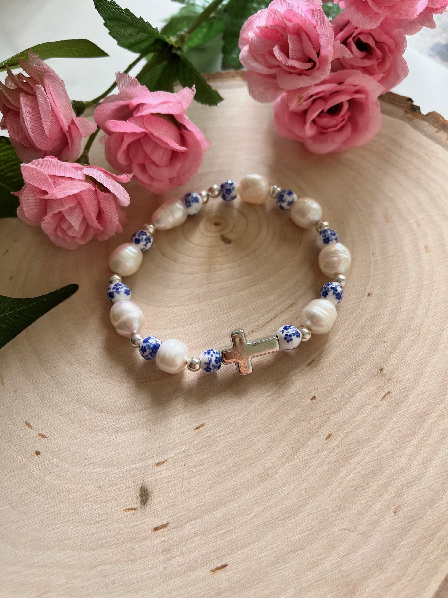 Handmade silver cross bracelet with floral beads and freshwater pearls – Christian jewelry gift for women