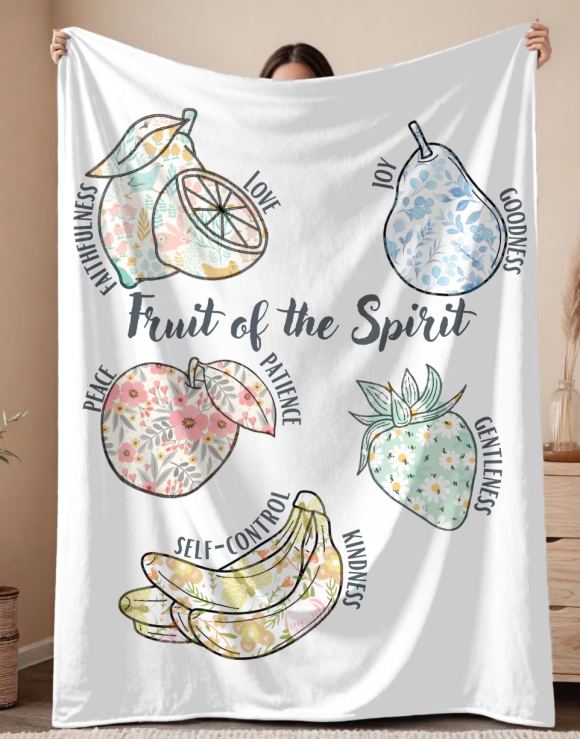 Fruit of the Spirit Blanket Christian Bible Verse Throw with Floral Fruits, Inspirational Faith Gift, Galatians 5:22-23 Scripture Home Decor