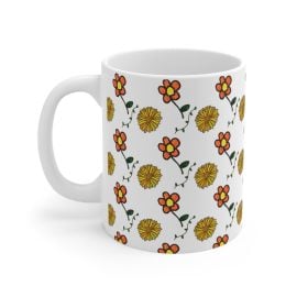 11oz Mug Yellow and Orange Flower Vine Hand-Drawn Design