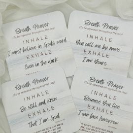 Four faith-based breath prayer cards displayed together on a neutral background. Each card offers a calming, prayerful phrase to guide daily reflection.