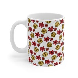 Floral Mug 11oz with Red Orange Yellow Flowers Hand-Drawn Design