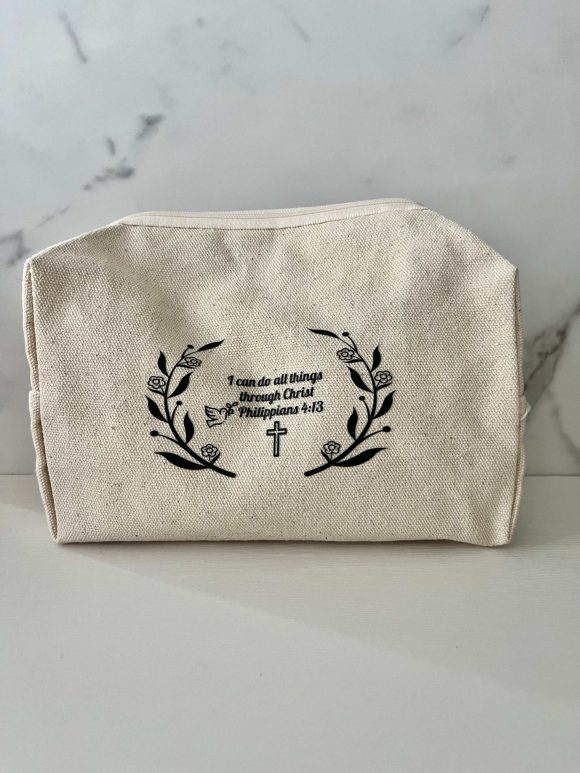 Strength Through Faith Toiletry Bag – Floral Cotton Christian Travel Pouch for Women